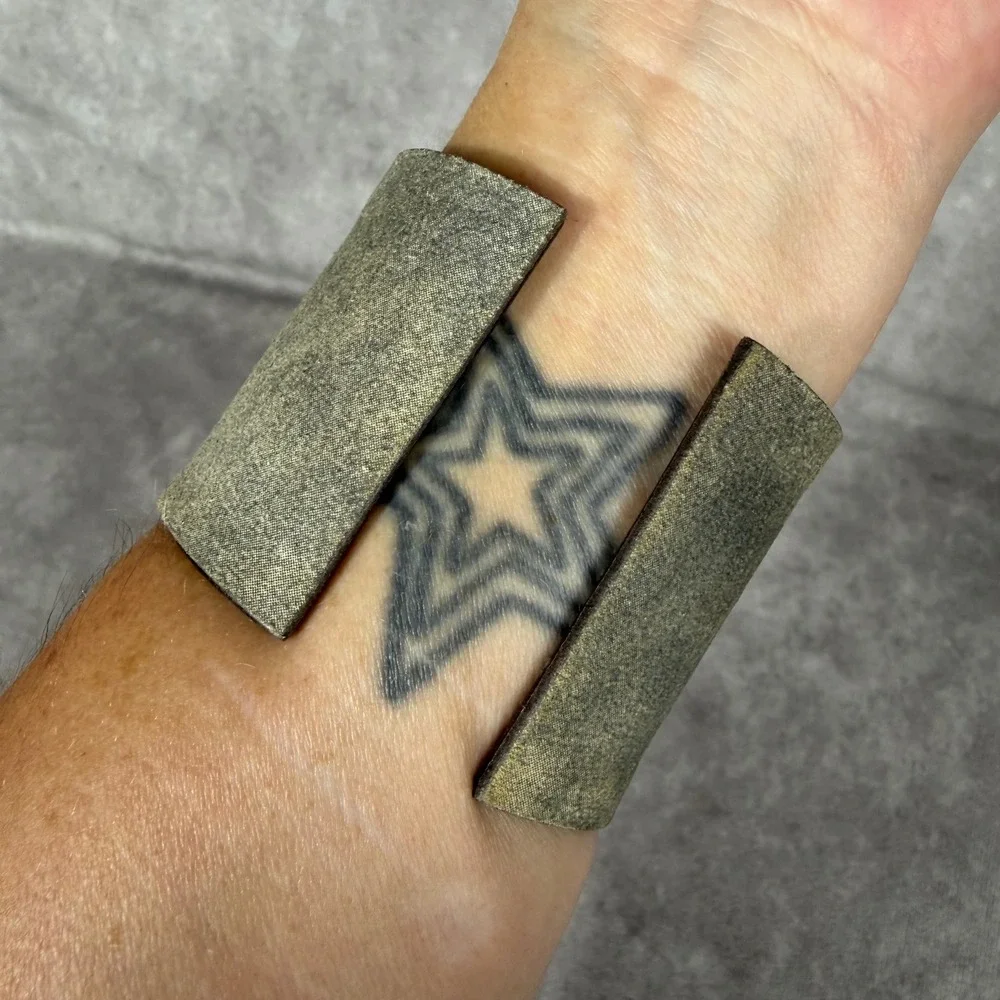 Wide Leather Cuff Bracelet Grey Textured Distressed Punk Grunge Indie Biker